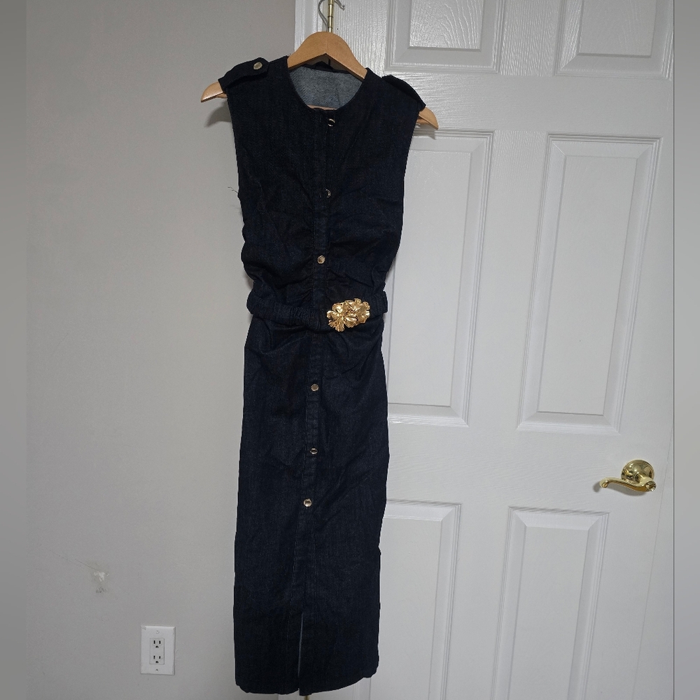 Zara Dark Blue Denim Midi Dress with Gold Accents - Picture 9 of 16